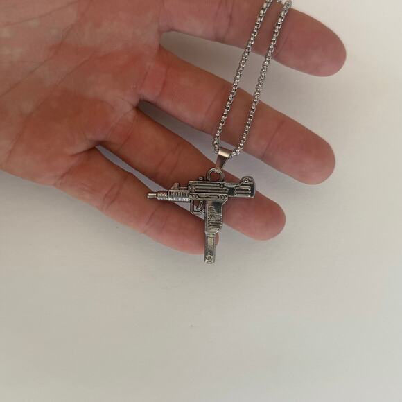 Y2K Silver Stainless Steel Uzi Necklace Urban Pendant Unisex Streetwear New - Picture 5 of 10